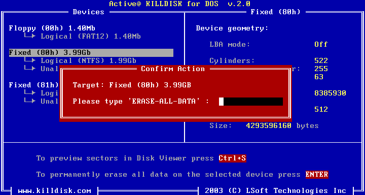 dos command to erase hard drive